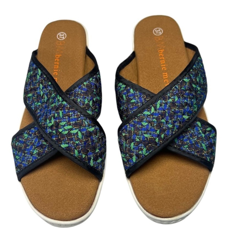 Bernie Mev Woven Crisscross Slide Sandals 37 Blue Green Comfort Casual Shoes